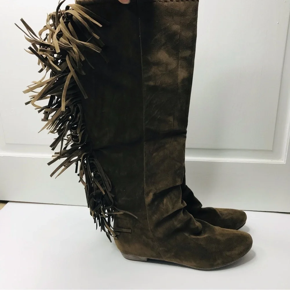 DIBA Taupe Midrise Heart Tee Fringe Tall Boots Size 9